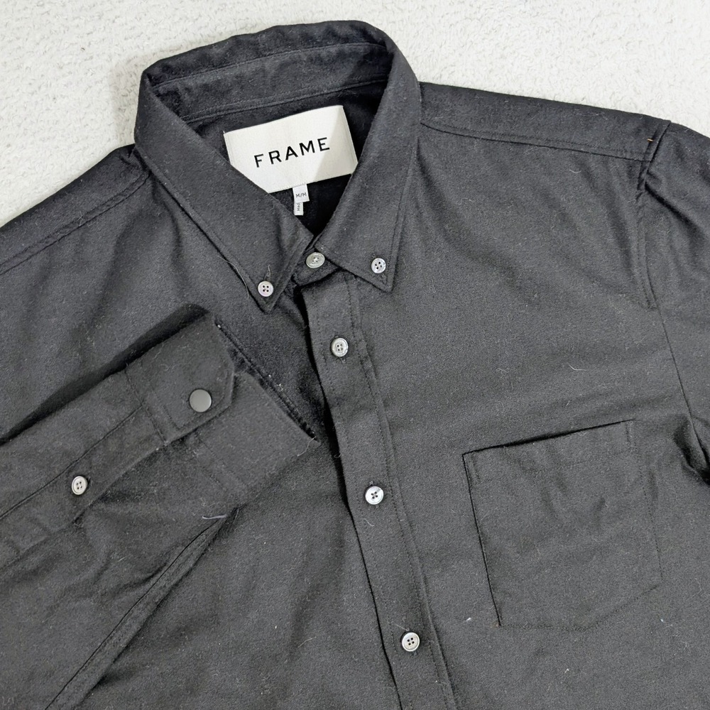 Frame Men's M Solid Black Button Down Wool Stretch Long Sleeve Snap Button $298